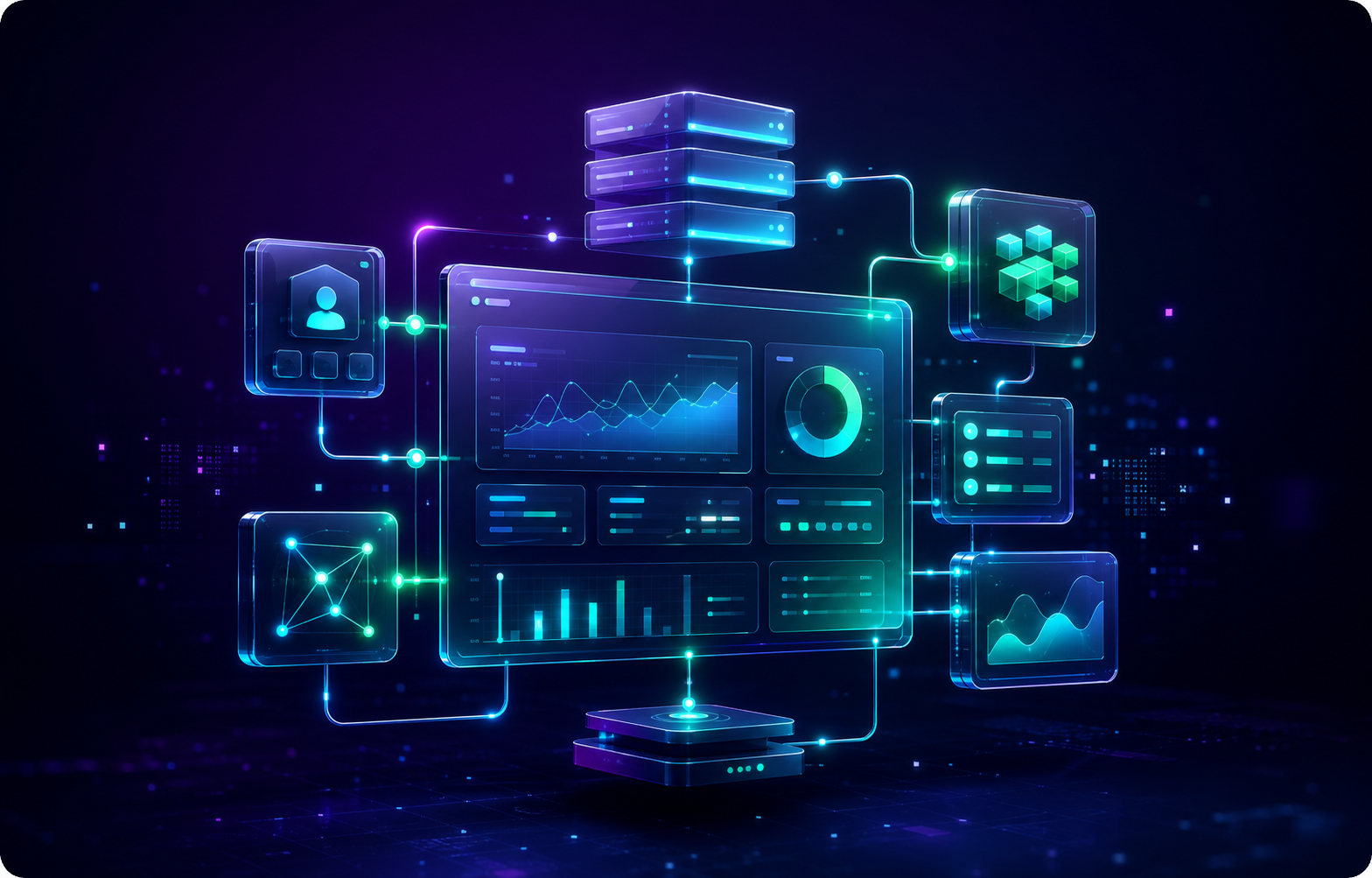 Panel de software empresarial conectado con datos, usuarios y módulos operativos